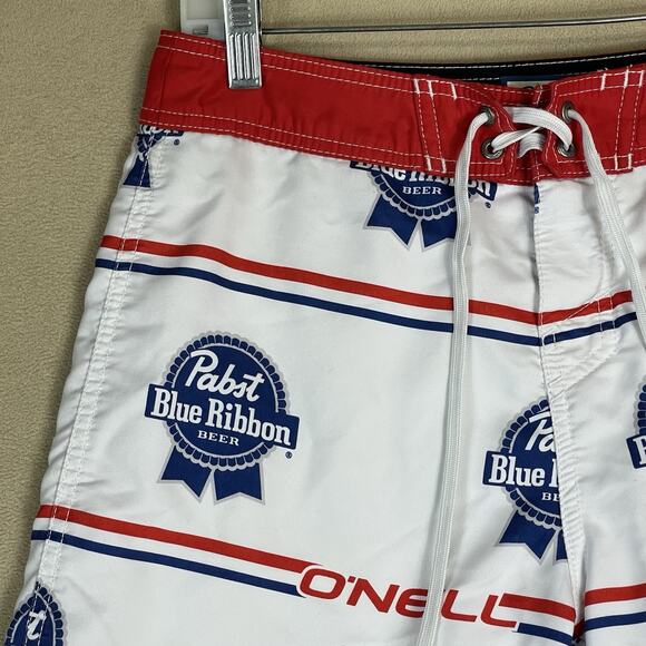 O'neill x Pabst Blue Ribbon Swim Trunk Mens 29‎ White Drawstring Waist Pockets - Picture 3 of 15